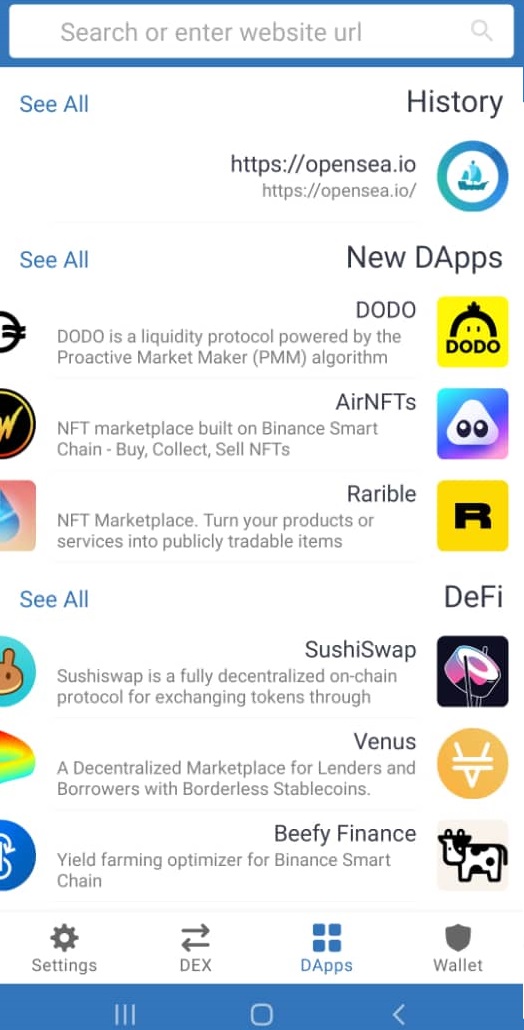 برای یافتن DApp مورد نظر می توانید آن را در بالای صفحه جستجو کنید