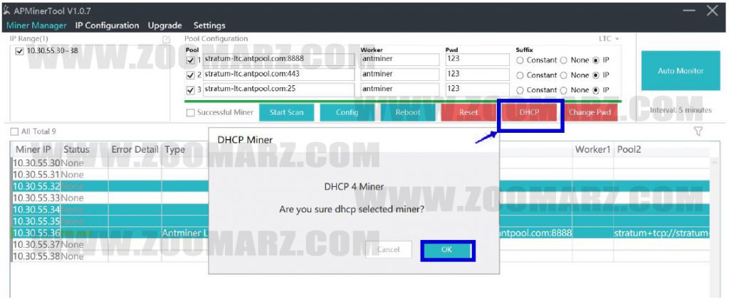 تنظیمات DHCP در نرم افزار APMiner Tool