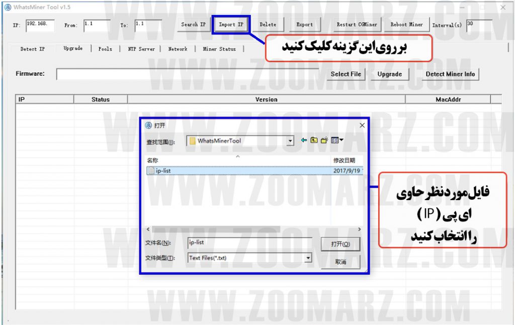 وارد کردن آیپی با import - نرم افزار WhatsMinerTool