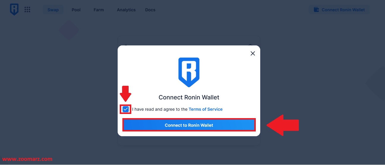 روی گزینه "Connect to Ronin Wallet" کلیک کنید