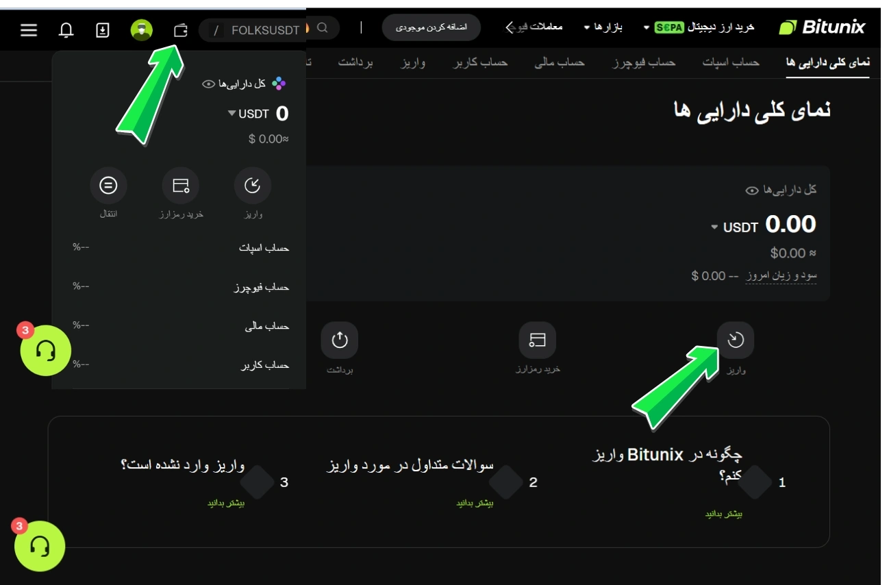 واریز کردن در صرافی بیت یونیکس