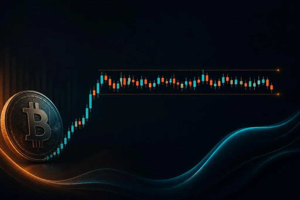 نمودار تثبیت قیمت بیتکوین در محدودهٔ تنگ پیش از تصمیم فدرالرزرو