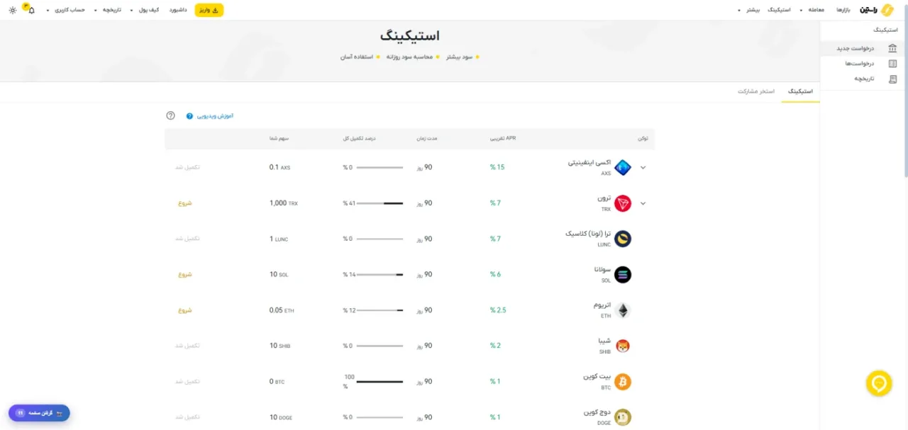 صفحه استیکینگ ارز دیجیتال در صرافی راستین